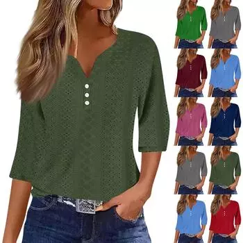 Женская модная футболка с V-образным вырезом и пуговицами, семь рукавов, повседневные однотонные топы L армия зеленый