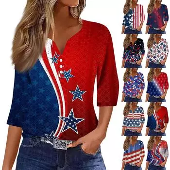 Женская модная футболка с V-образным вырезом и пуговицами, семь рукавов, повседневный топ с принтом «День независимости» XXL тёмно-синий