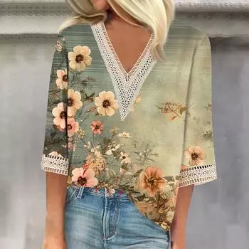 Женская модная футболка с V-образным вырезом и кружевным винтажным цветочным принтом, повседневный топ с семью рукавами S темно-синий