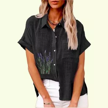 Женская модная футболка с воротником с лацканами, летний и осенний топ с цветочным принтом и карманом, свободная футболка с коротким рукавом, женские повседневные льняные блузки S белый