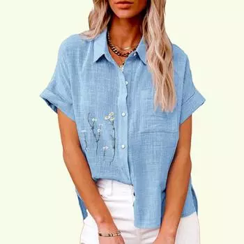 Женская модная футболка с воротником с лацканами, летний и осенний топ с цветочным принтом и карманом, свободная футболка с коротким рукавом, женские повседневные льняные блузки S белый