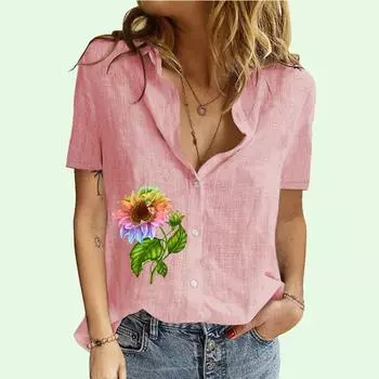 Женская модная футболка с воротником с лацканами, летняя и осенняя повседневная футболка с коротким рукавом и принтом, женская блузка с принтом, хлопково-льняная футболка-кардиган S белый