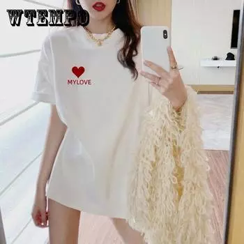 Женская модная футболка Smmer с круглым вырезом и короткими рукавами, футболка с сердечным принтом, летняя повседневная тонкая футболка больших размеров XXL