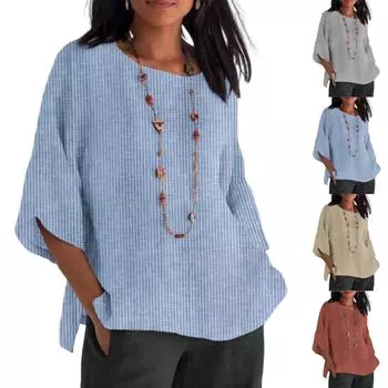 Женская модная футболка свободного кроя из хлопка и льна с круглым вырезом L чёрный