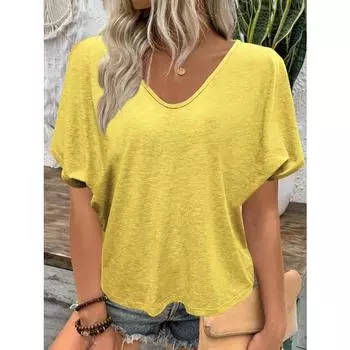 Женская модная футболка в европейско-американском стиле для отдыха с V-образным вырезом, плиссированная футболка свободного кроя с короткими рукавами, топы ярких цветов S жёлтый