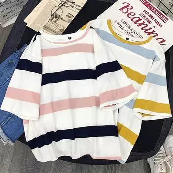 Женская модная футболка в полоску, топ для девочек, футболки с рисунком Harajuku, летняя женская футболка с коротким рукавом, одежда для студентов, топы M розовый