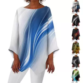 Женская модная футболка в стиле ретро с круглым вырезом и рукавом девять четвертей, нерегулярный подол, топ XXXXL синий