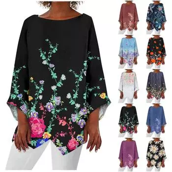 Женская модная футболка в стиле ретро с круглым вырезом и рукавом девять четвертей, нерегулярный подол, топ L чёрный