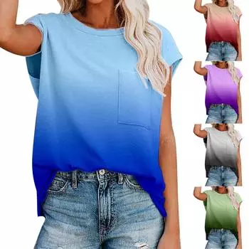 Женская модная градиентная рубашка, повседневная летняя блузка, топы с коротким рукавом, свободная футболка с карманом S зелёный