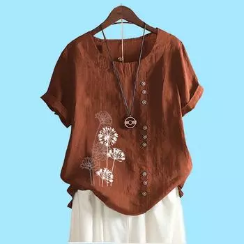 Женская модная хлопковая льняная блузка на лето и осень с круглым вырезом и коротким рукавом, повседневная свободная футболка с цветочным принтом S коричневый