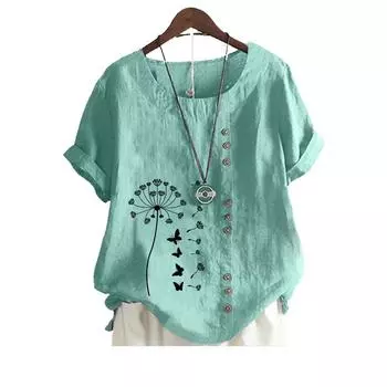 Женская модная хлопковая льняная блузка на лето и осень с круглым вырезом и коротким рукавом, повседневная свободная футболка с цветочным принтом S коричневый