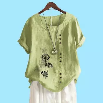 Женская модная хлопковая льняная блузка на лето и осень с круглым вырезом и короткими рукавами, повседневная свободная футболка с цветочным принтом S коричневый