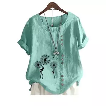 Женская модная хлопковая льняная блузка на лето и осень с круглым вырезом и коротким рукавом, повседневная свободная футболка с цветочным принтом S коричневый