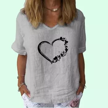 Женская модная хлопковая льняная футболка, повседневная футболка с V-образным вырезом и коротким рукавом, женская футболка с принтом S