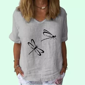 Женская модная хлопковая льняная футболка, повседневная футболка с V-образным вырезом и коротким рукавом, женская футболка с принтом S