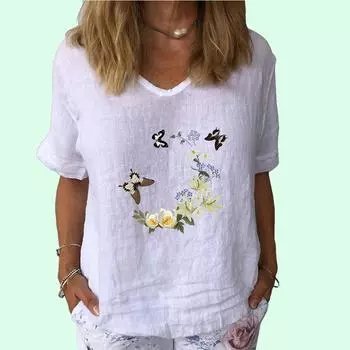 Женская модная хлопковая льняная футболка, повседневная футболка с V-образным вырезом и коротким рукавом, женская футболка с принтом S