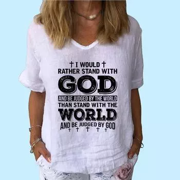 Женская модная хлопковая льняная футболка, повседневная футболка с V-образным вырезом и коротким рукавом, женская футболка с принтом S