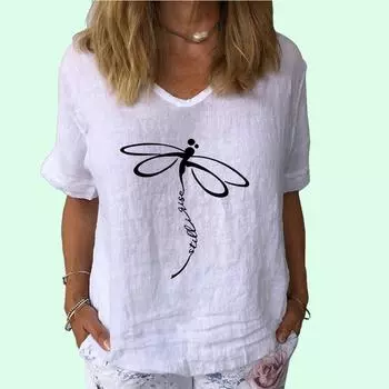 Женская модная хлопковая льняная футболка, повседневная футболка с V-образным вырезом и коротким рукавом, женская футболка с принтом S