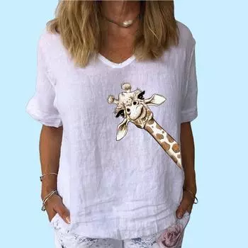 Женская модная хлопковая льняная футболка, повседневная футболка с V-образным вырезом и коротким рукавом, женская футболка с принтом S