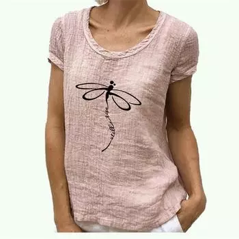 Женская модная хлопковая льняная футболка с круглым воротом и коротким рукавом, весенне-летняя блузка с принтом S розовый