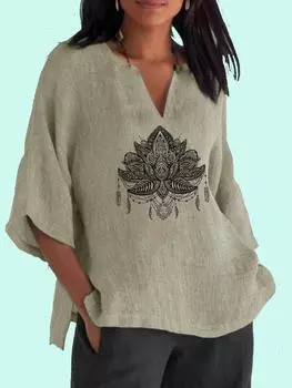 Женская модная хлопково-льняная блузка с V-образным воротником и принтом 3/4, рубашка с длинным рукавом, женский пуловер, свободные топы S синий