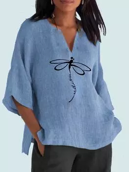 Женская модная хлопково-льняная блузка с V-образным воротником и принтом 3/4, рубашка с длинным рукавом, женский пуловер, свободные топы S синий