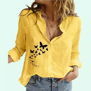 Женская модная хлопково-льняная рубашка, летний и осенний свободный топ с длинными рукавами, женские повседневные блузки на пуговицах с принтом S белый
