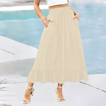 Женская модная и повседневная эластичная резинка на поясе, черный карман с грибковым краем, однотонная юбка L бежевый