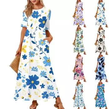 Женская модная и повседневная длинная пляжная юбка с круглым вырезом и короткими рукавами, свободное платье с принтом в стиле ретро XL