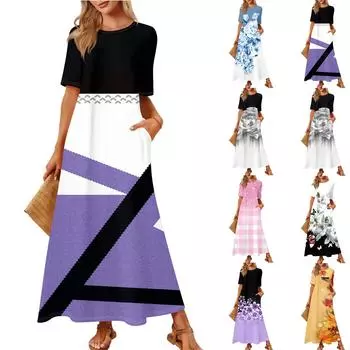Женская модная и повседневная длинная пляжная юбка с круглым вырезом и короткими рукавами, свободное платье с принтом в стиле ретро M