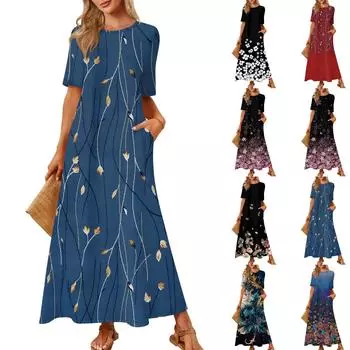 Женская модная и повседневная длинная пляжная юбка с круглым вырезом и короткими рукавами, свободное платье с принтом в стиле ретро XXL чёрный