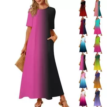 Женская модная и повседневная длинная пляжная юбка с круглым вырезом и короткими рукавами, свободное платье с принтом в стиле ретро XXL