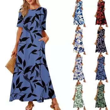 Женская модная и повседневная длинная пляжная юбка с круглым вырезом и короткими рукавами, свободное платье с принтом в стиле ретро M синий