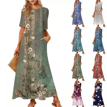 Женская модная и повседневная длинная пляжная юбка с круглым вырезом и короткими рукавами, свободное платье с принтом в стиле ретро M