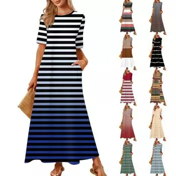 Женская модная и повседневная длинная пляжная юбка с круглым вырезом и короткими рукавами, свободное платье с принтом в стиле ретро S коричневый