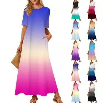 Женская модная и повседневная длинная пляжная юбка с круглым вырезом и короткими рукавами, свободное платье с принтом в стиле ретро XXL