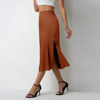 Женская модная и повседневная французская элегантная драпированная атласная юбка XL коричневый