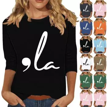 Женская модная и повседневная футболка с круглым вырезом и рукавом семь четвертей L чёрный