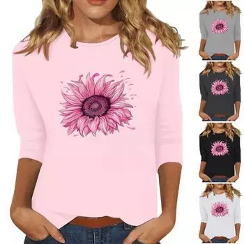 Женская модная и повседневная футболка с круглым вырезом и рукавом семь четвертей L чёрный