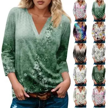 Женская модная и повседневная футболка с v-образным вырезом и принтом Bandhnu, с рукавами 3/4, базовый топ с v-образным вырезом, обычный топ L