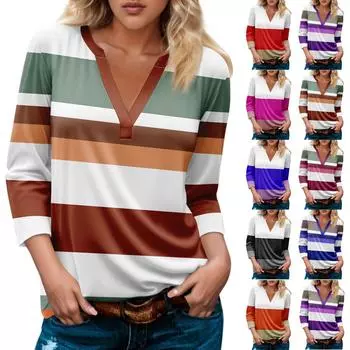 Женская модная и повседневная футболка с V-образным вырезом и рукавом 3/4, базовый топ с V-образным вырезом, обычный топ S чёрный