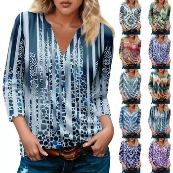 Женская модная и повседневная футболка с V-образным вырезом и рукавом 3/4, базовый топ с V-образным вырезом, обычный топ L армия зеленый