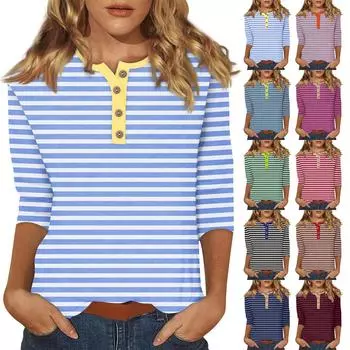 Женская модная и повседневная новая футболка с круглым вырезом на пуговицах и рукавами 3/4, свободная футболка с принтом, женский топ L синий