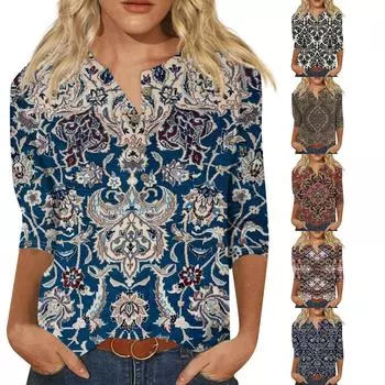 Женская модная и повседневная новая футболка с круглым вырезом на пуговицах и рукавами 3/4, свободная футболка с принтом, женский топ L