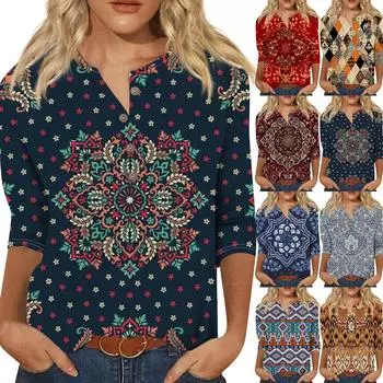 Женская модная и повседневная новая футболка с круглым вырезом на пуговицах и рукавами 3/4, свободная футболка с принтом, женский топ M тёмно-синий