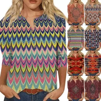 Женская модная и повседневная новая футболка с круглым вырезом на пуговицах и рукавами 3/4, свободная футболка с принтом, женский топ L