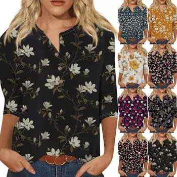 Женская модная и повседневная новая футболка с круглым вырезом на пуговицах и рукавами 3/4, свободная футболка с принтом, женский топ XXL