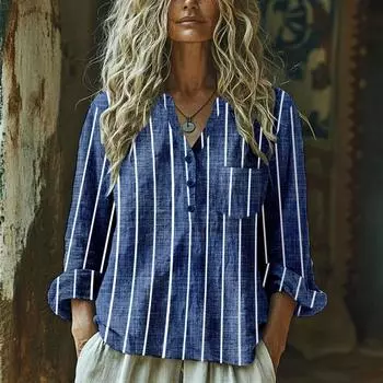 Женская модная и повседневная однотонная хлопково-льняная блузка с V-образным вырезом и длинными рукавами на пуговицах XL синий