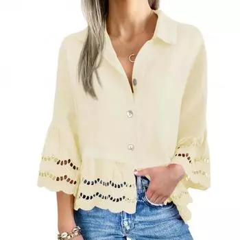 Женская модная и повседневная однотонная кружевная рубашка с расклешенными рукавами и ажурным кружевом L бежевый