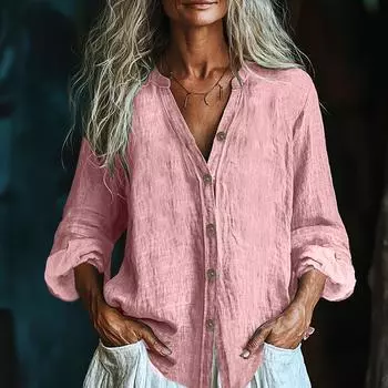 Женская модная и повседневная однотонная рубашка с длинным рукавом из хлопка и льна XXL розовый